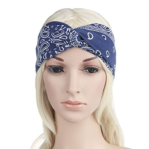 Assorted Paisley Print Wide Bandana Knot Headbands Criss Cross Head Wrap Hair Band (Blue) - color: Blue