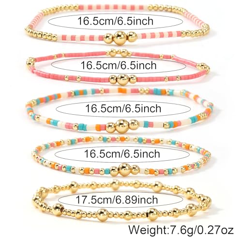 14K Gold Plated Beaded Bracelets Stack Set for Women,Stretch Boho Colorful Beads Ball Jewelry Friendship Summer Trendy - color: Gold pink