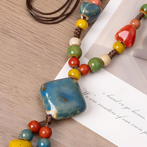 Boho Necklace for Women,Vintage Butterfly Pendant Necklaces,Adjustable Wooden Beads Layered Braided Choker,Fashion Tribal Style Leather Rope Necklace Jewelry,Chunky Statement Gift for Women - color: Colorful4