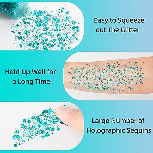 MEICOLY Teal Body Glitter,Holographic Mermaid Face Glitter Gel for Halloween Face Paint,Dazzle Green Chunky Glitter for Face Body Hair,Sparkling Self-Adhesive Gel Glitter Makeup for Women and Kids - color: dazzle green body glitter