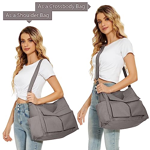 KALIDI Canvas Tote Bag Large Hobo Crossbody Shoulder Handbag Zipper Messenger Bag for Women or Men Casual College Work - color: Upgraded Grey