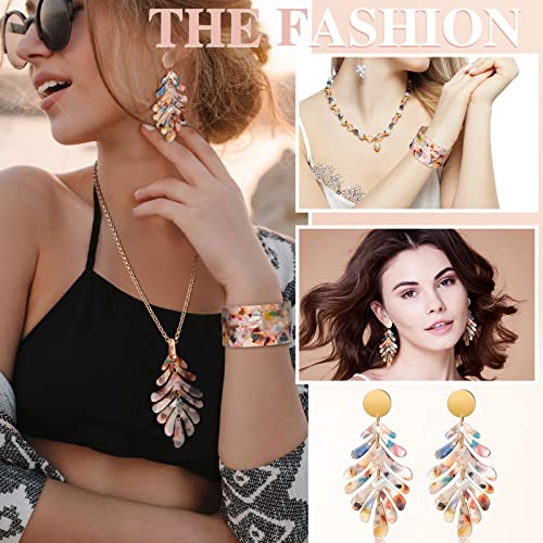 Kenning 4 Pcs Boho Jewelry Set for Women Summer Earrings Necklace Set with Bracelet Colorful Acrylic Statement Jewelry - style: Leaf