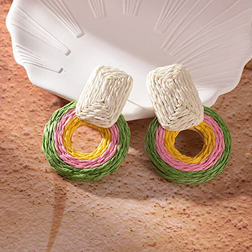 Statement Raffia Earrings Cute Boho Earrings Rattan Dangle Earrings Handmade Straw Wrap Earrings Summer Drop Dangling Earrings for Women Teen Girls - color: Green/Pink/Yellow