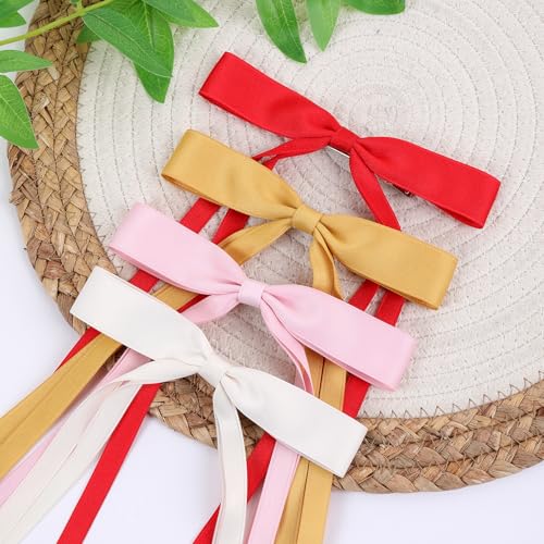 WORTL Hair Bows Clips Coquette Ribbon Bowknot with Long Tail Princess Hair Bows French Barrettes Hair Accessories for Women Girls 16PCS (red，Cream，Pink，Yellow) - color: red，Cream，Pink，Yellow