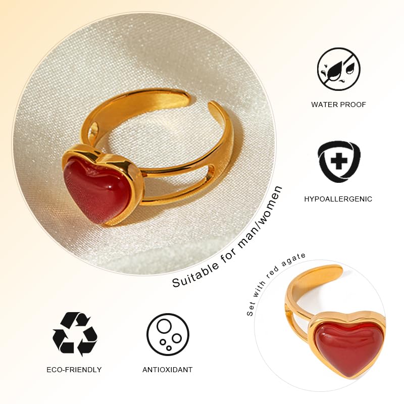 Boho Red Heart Gold Band Rings Pearl Ring, Dainty Adjustable Statement Rings, Open Wrap Stackable Finger Ring Gold Fashion Jewelry Gifts for Women - color: Gold Ring - Red Heart
