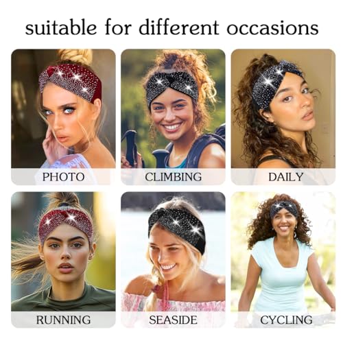 Urieo Wide Sparkly Headbands Rhinestones Stretch Head Bands for Women | Bling Elastic Knotted Headband Bedazzled Crystal Hair Bands - color: Red