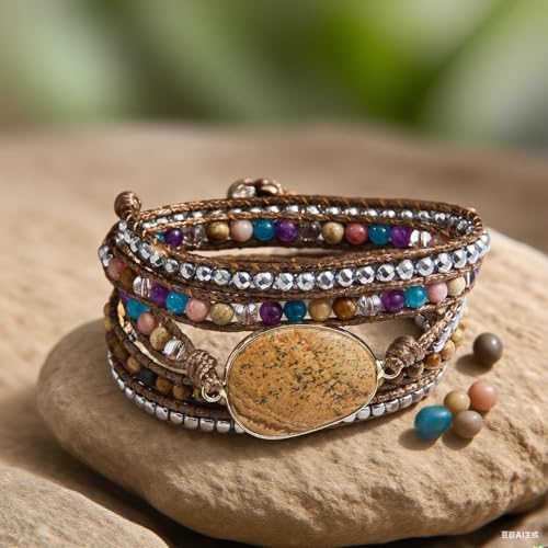 Women Wrap Bracelet Boho Natural Jasper Crystal Stone Beads Strand Bracelets - color: Picture Stone