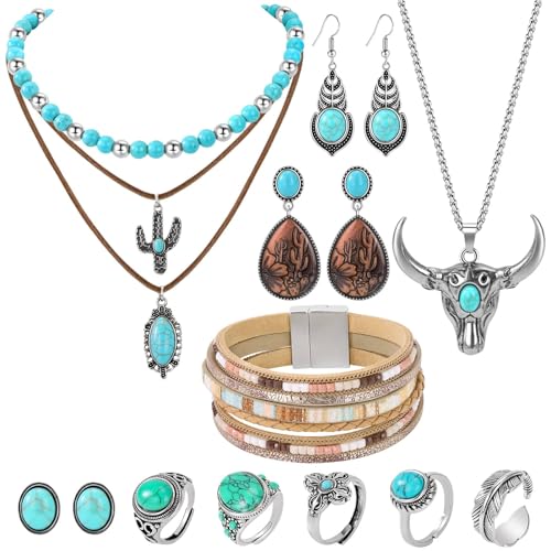 Western Jewelry for Women - Boho Turquoise Jewelry Set with Turquoise Necklace, Earrings, Bracelet & Rings - style: Western Cowboy Style