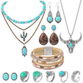 Western Jewelry for Women - Boho Turquoise Jewelry Set with Turquoise Necklace, Earrings, Bracelet & Rings - style: Western Cowboy Style