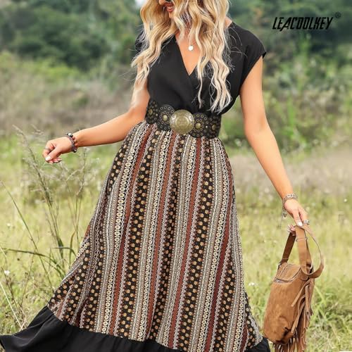 LEACOOLKEY Women's Boho Disc Belt Wide Western Leather Belt Vintage Concho Waist Belts for Dress Jeans - color: A-black, size: Fits 46"–51" (Waist/Hips), style: Style a