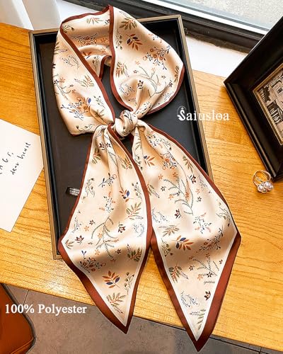 Purse Scarf For Handbags Head Scarves For Women's Hair Bags Scarfs Long Skinny Scarves Fashion Silky - color: A17-brown Edged Flower
