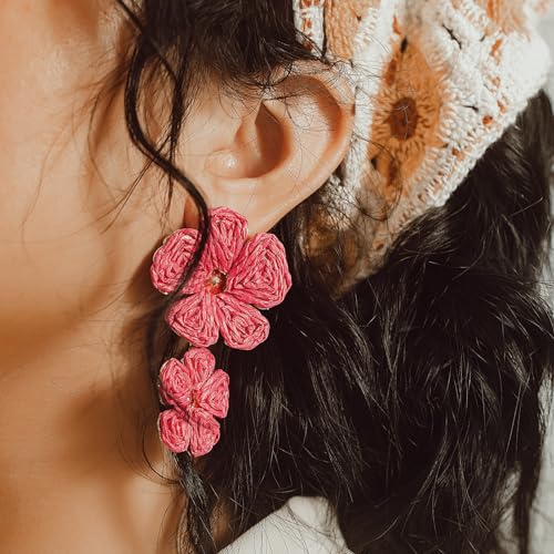 Boho Flower Earrings Statement Raffia Dangle Earrings Cute Floral Jewelry Trendy Summer Beach Vacation Outfits for Women - color: Rose