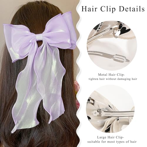 Large Hair Bow Clips for Women, Purple Bow Hair Barrettes with Long Tail French Hair Ribbon Clips Hair Accessories for Girls (Purple) - color: Purple