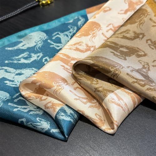 MEISEE 100% Pure Mulberry Silk Scarf 21" Square Scarf Neckerchief Headscarf Breathable Lightweight for Women Gift Packed - color: Khaki + Blue Horse
