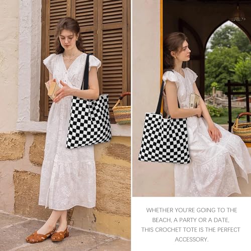 Ayieyill Crochet Tote Bag For Women, Crochet Mesh Beach Tote Bag Summer Vacation Aesthetic Boho Knit Bag for Women - color: N/Black Check