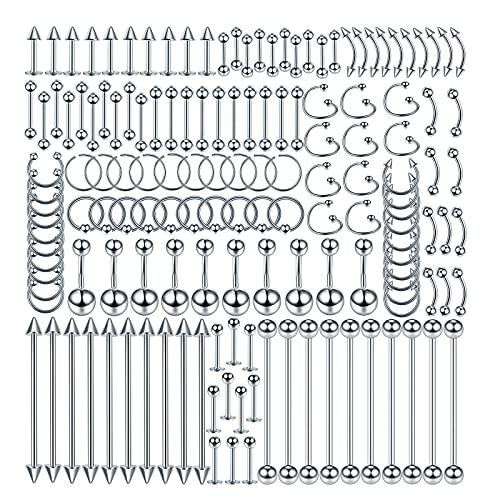 Oveta 150-151PCS Body Piercing Jewelry Lot 14G 16G 20G Stainless Steel Nose Lip Tongue Cartilage Tragus Eyebrow Industrial Barbell Belly Button Rings Piercing Kit Jewelry - style: 150pcs-Silver