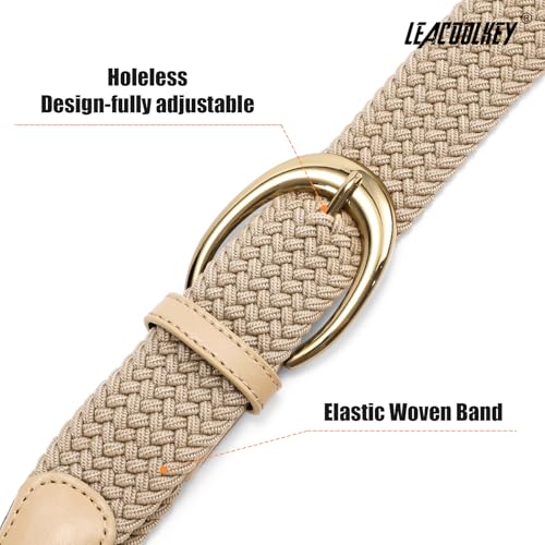 LEACOOLKEY Stretchy Braided Golf Belt for Women Elastic Woven Belts Unisex Elastic Fabric Belt for Jeans Pants - color: Beige/Gold Buckle, size: Fit waist size below 27"