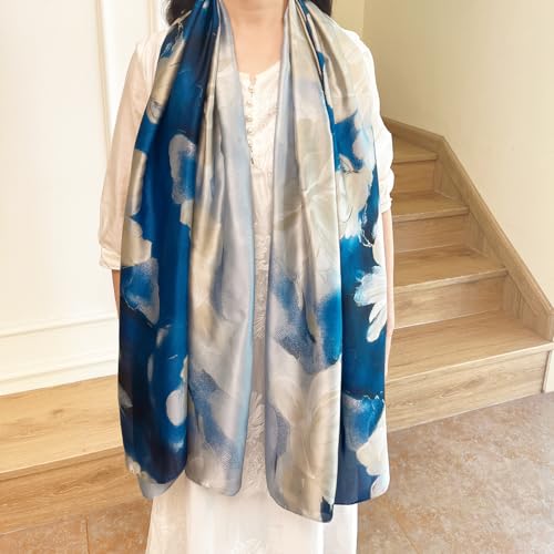 Long Silk Like Scarf Lightweight Satin Scarves Large Sunscreen Shawl Wrap for Women - color: 015.flowers White and Blue