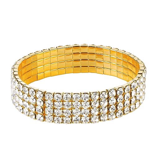 Zealmer Sparkle Multicolor Rhinestone Stackable Stretch Bracelets for Women - color: 4 Row Gold Bracelet