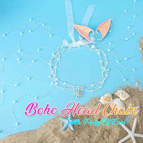 Aukmla Star Boho Head Chain Pearl Tassel Fairy Headpiece for Women | Silver Hair Chains Jewelry Halloween Costume headdress Festival Headband Hair Accessories with Elf Ears