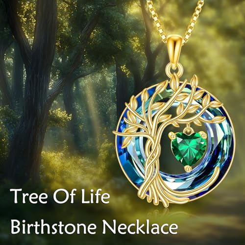 POPLYKE Mothers Day Gifts for Mom Her Wife Tree of Life Necklace 925 Sterling Silver Birthstone Pendant with Crystal Anniversary Birthday Wedding Jewelry for Women - color: 05-May-Emerald, style: 18K Gold Plated-Blue Crystal