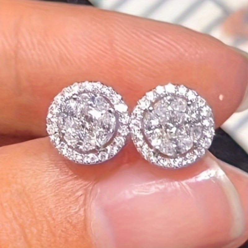 1pair Fashion Exquisite Inlay Shiny Zirconia Round Stud Earrings for Women Men Daily Casual Party Simple Earrings Accessories - color: Silvery