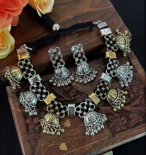 Indian Designer Statement Afghani Silver Oxidised Dual Tone Ethnic Traditional Tassel Choker Necklace Jewelry Women - color: SILVER