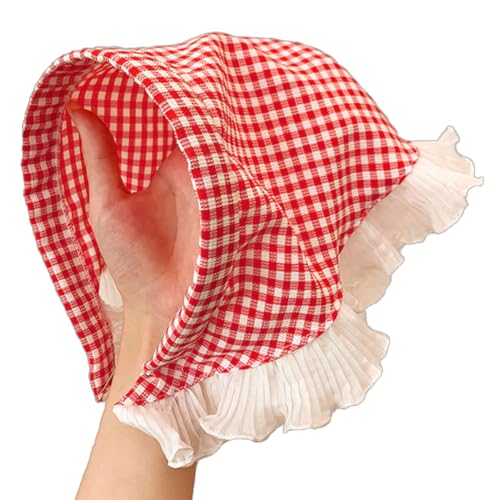 Women's Lace Bandana Headband, Vintage Gingham Triangle Scarf with Bow, French Retro Style for Boho Chic & Casual Outfits (12-Red checkered, One Size) - color: 12-Red checkered