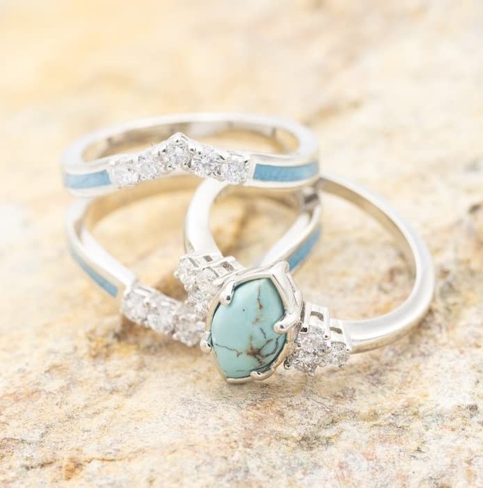 3 PCS Natural Turquoise Diamond Ring Set - Western Jewelry Silver Color Rings for Women - Bohemian Joint Knuckle Finger Rings With Sparkling Natural Gemstone - size: 5