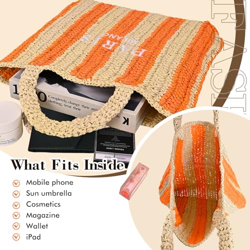 Straw Beach Bag for Women Summer Woven Tote Bag Packable Straw Purses and Handbags for Vacation Holiday - color: M-orange