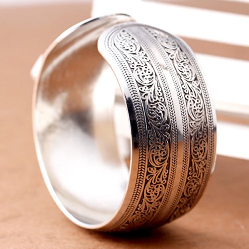 BODYA Tibeten Silver Carved Spiral Flower Connecting Branches Pattern Wide Band Open Cuff Bracelet Bangle for Adult
