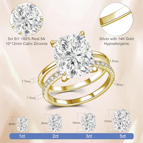 AVECON 3CT/5CT Elongated Cushion Cut Engagement Ring Set for Women, Wedding Promise Cubic Zirconia Band, 14K Gold/White Gold Plated Stackable Adjustable Bridal Half Eternity Open Rings, Size 5-9 - color: Gold-5CT