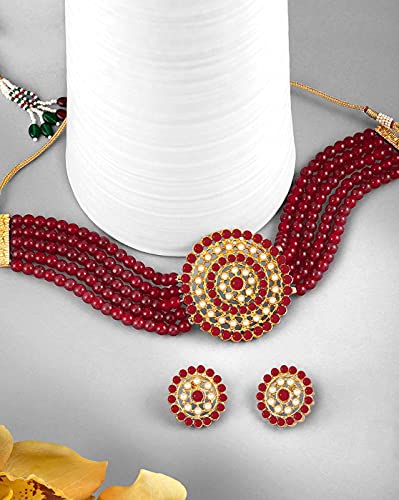 Aheli Pearl Diamond Choker Necklace & Round Earrings Gift for Women Indian Traditional Bollywood Fashion Bharatanatyam jewellery set - color: Red