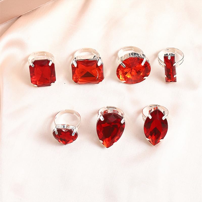 Statement Big Bling Rhinestone Costume Rings Stack Chunky Unique Silver Crystal CZ Large Knuckle Cocktail Ring Pack Cool Prom Jewelry Set for Women Trendy - style: Red