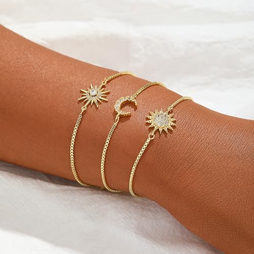 Dainty Bracelets for Women, 14k Gold Plated/Silver Layered Charms Bracelet Herringbone Satellite Beads Box Rope CZ Bracelet Adjustable Cuba Link Chain Bracelet Set Jewelry Gifts - color: 3Layer-2Sun+Moon-GD