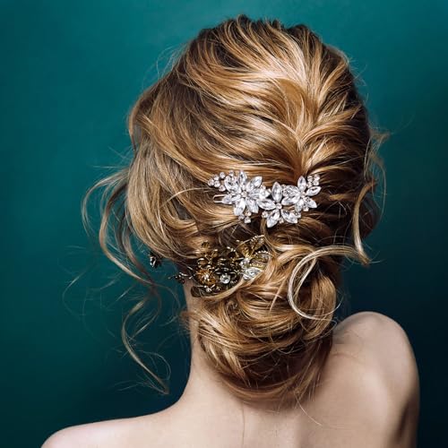PAGOW Hair Clips, 2Pcs Crystal Flower Bridal Hair Accessories, Silver Rhinestone Hair Pins, Wedding Headpiece for Brides Women Girls - color: Silver 2pcs