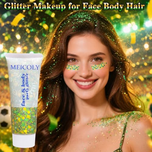 MEICOLY Green and Yellow Hair Glitter,Brazil Body Glitter,Gold Green Hair Sparkle Brasil Face Glitter Makeup for Mardi Gras Carnival Irish Festival Party,Body Glitter Accessories for Women - color: gold and green face glitter