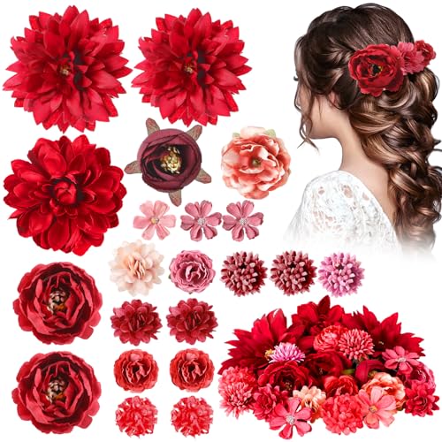 BBTO 21 Pcs Flower Hair Clip Rose Hair Clips Barrettes for Women Flower Accessories Boho Bride Claw Clip Hairpin Brooch Pin Headpiece for Wedding (Red Series) - color: Red Series