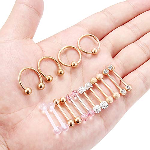 16Pcs Nipple Piercing Jewelry 14G Surgical Steel Nipple Rings Hoop Rings Retainer Piercing Jewelry for Women Men 14MM (9/16 Inch) - color: D:8 pairs/rose gold