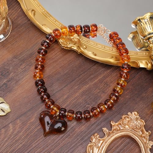 Chunky Colorful Beaded Statement Boho Summer Beach Chokers Necklace Heart Pendant Pink Green Yellow Brown Fashion Jewelry - color: Gold-brown4