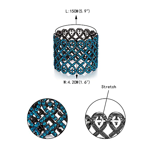 EVER FAITH Art Deco Love Knot Wide Stretch Bridal Bracelet Austrian Crystal - color: Blue Topaz Color Black-Tone