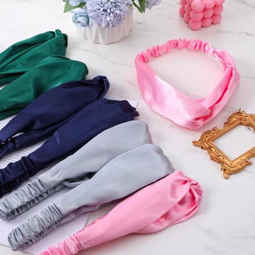 8PCS Silk Headbands, Stretchy Adjustable Satin Headband Elastic Twisted Hair Wrap Twist Knotted Head Band Satin Headwear for Women Girls Hair Accessories