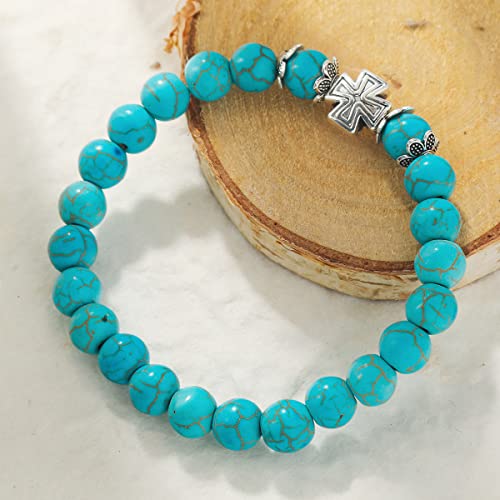 Turquoise Bracelet for Women, 8mm Beaded Stretchable Unisex Bracelet, Boho Turquoise Bead Bracelet Stone Beaded Bracelets Turquoise Jewelry for Women - color: Metal Cross