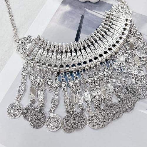 Vintage Tassel Coin Collar Bib Statement Necklace for Women Men Ancient Gold Silver Retro Engraved Exaggerated Short Chunky Boho Choker Ethnic Gypsy Tribal Clavicle Chain Pendant Costume Party Jewelry - color: Ancient Silver