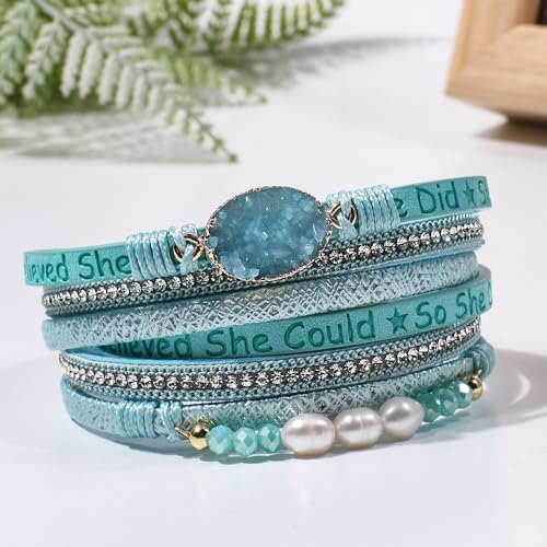 Artilady Leather Wrap Bracelets for Women - Pearl Bracelets Handmade Clasp Bangle Bracelet with Beads Jewelry Gift for Women and Mother - style: So She Did, Blue
