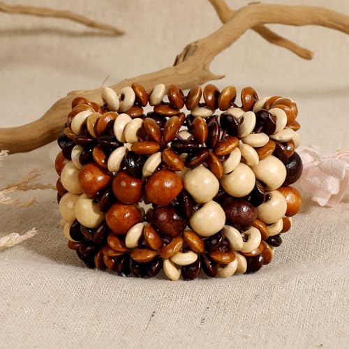 Boho Wide Chunky Colorful Wooden Thick Shell Elastic Stretch Bracelet Handmade Bohemia Summer Beach Vacation Adjustable Lightweight Wood Wristband Jewelry for Women - color: brown