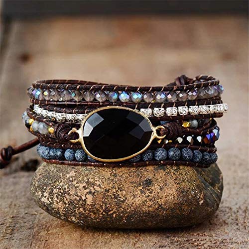 YGLINE Boho Handmade Wrap Leather Tube Crystal Stone Bracelet for Women - color: Oynx