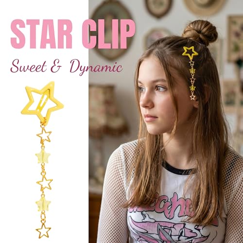 Pndeyo 2pcs Star Tassels Hair Clips for Women, Non-Slip 2000s Y2K Hair Snap Barrettes, Cute Star Beaded Pendant Hair Pin Accessories for Braid Long Short Thin Thick Hair- Yellow - color: Yellow-2pcs