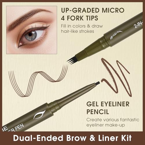 UCANBE Eyebrow Pen, Dual-Ended Eyebrow Pencil with 4-Fork-Tip & Gel Eyeliner for Women, Eye Brow Pen with Gel Eyeliner Pencil, Microblading Eyebrow Pencils with Hair Like Strokes, Dark Brown - color: Dark Brown