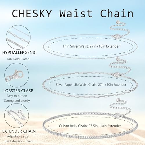 CHESKY 14K Gold Plated Silver Plated Waist Chain for Women, Layered Belly Belt Chains Beach Waist Beads Chain Waterproof Snake Cuban Body Chain Summer Jewelry Accessories for Women - style: 3layer-sl